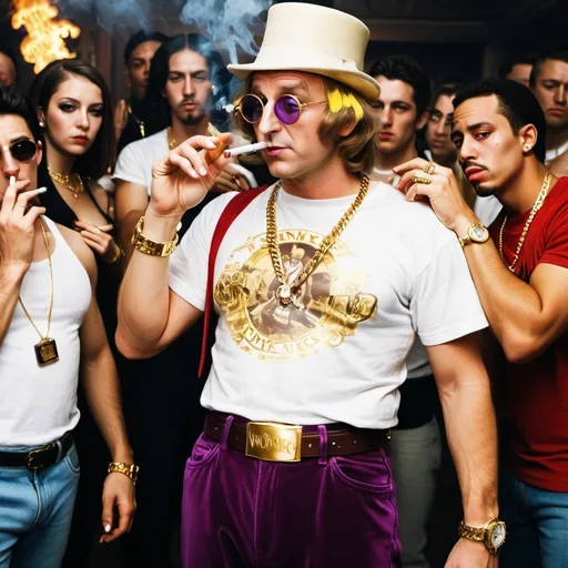 Prompt: Willy Wonka with a white T-shirt gold chain gold sneakers and a gold watch and gold rings with gang members behind him with guns drinking Hennessy in the club smoking and with candy with super powers with a woman with half shirts behind him