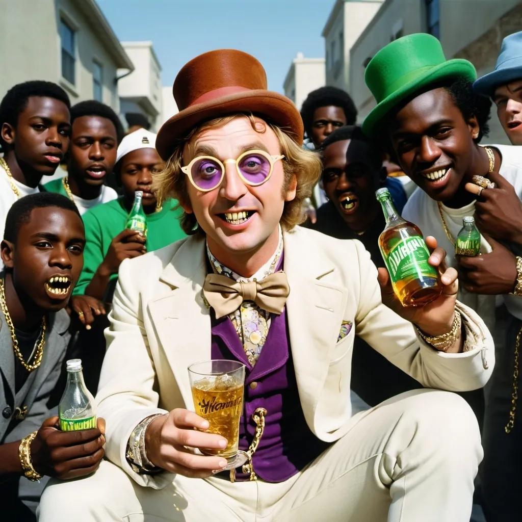 Prompt: Willy Wonka with gold chain white sneakers drinking Sprite with gold teeth in his mouth and with black people with Guns and a shirt with says Hennessy

