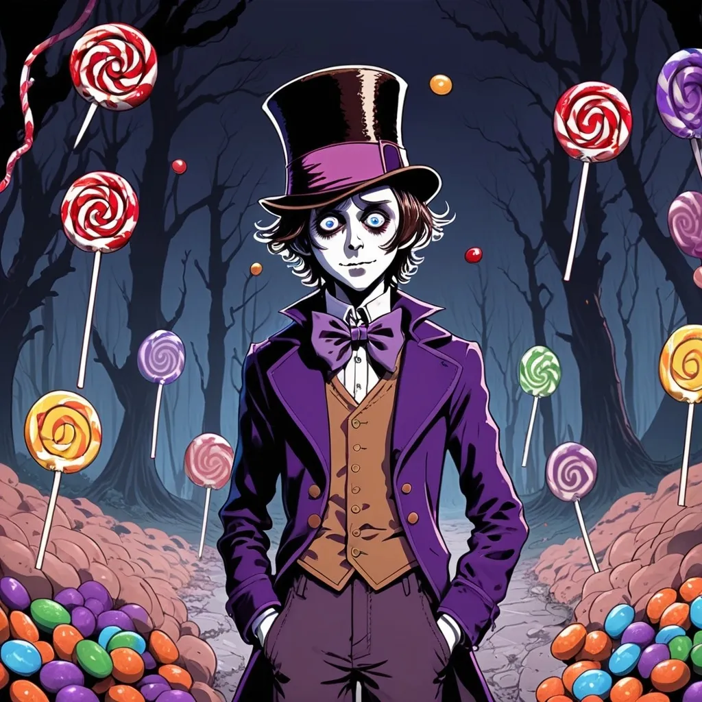 Prompt: 2d dark j horror anime style, boy, anime scene with Willy Wonka and candy 