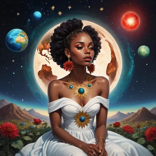 Prompt: Black women sitting on Earth with Dawn on it with her eyes being red and she is wearing a white dress with gold earrings and blue wine and she's holding the flower and looking at it and she has planets behind her what are blue green red and have Stars