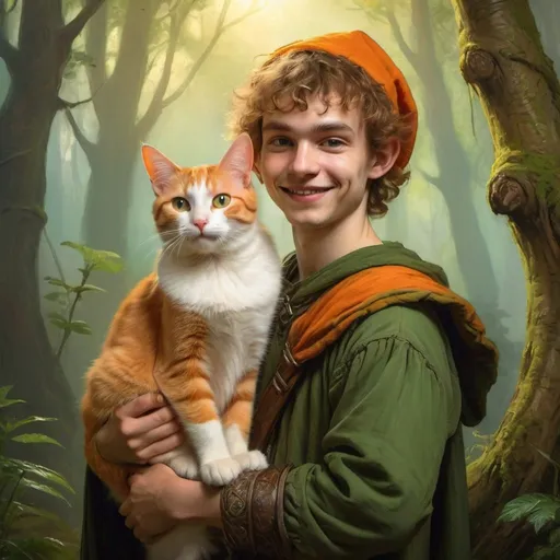 Prompt: Rembrandt style painting of a brave young elven Druid with a cute friendly smiling orange cat perched on his shoulder in a bright forest