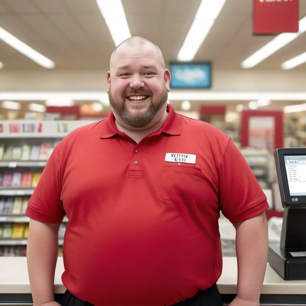 Prompt: Photorealistic portrait of a happy overweight man with a shaved head and full beard wearing a red polo shirt with a name tag that says Keith standing at a cash register 