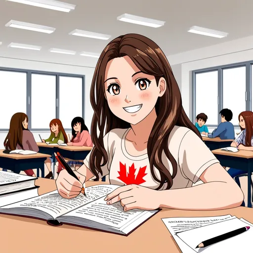 Prompt: anime, asian student, in western society, European, Canadian school, not wearing uniform, detailed, brown hair, empowerment, education setting, very detailed, studying, right handed, happy face, confidence face,