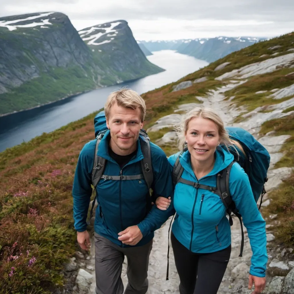 Prompt: a couple waking on a mountain trail in Norway and see the face and cloese up