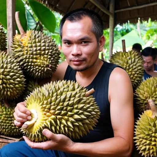 Prompt: nærbilde av mann som spiser delikat durian i thailand