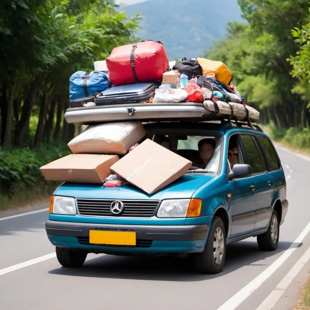 Prompt: overloaded car when family start on holiday trip