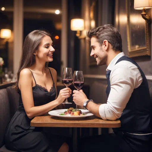 Prompt: Man invitaing sweet lady for dinner at restaurant in London and having a romantisk time