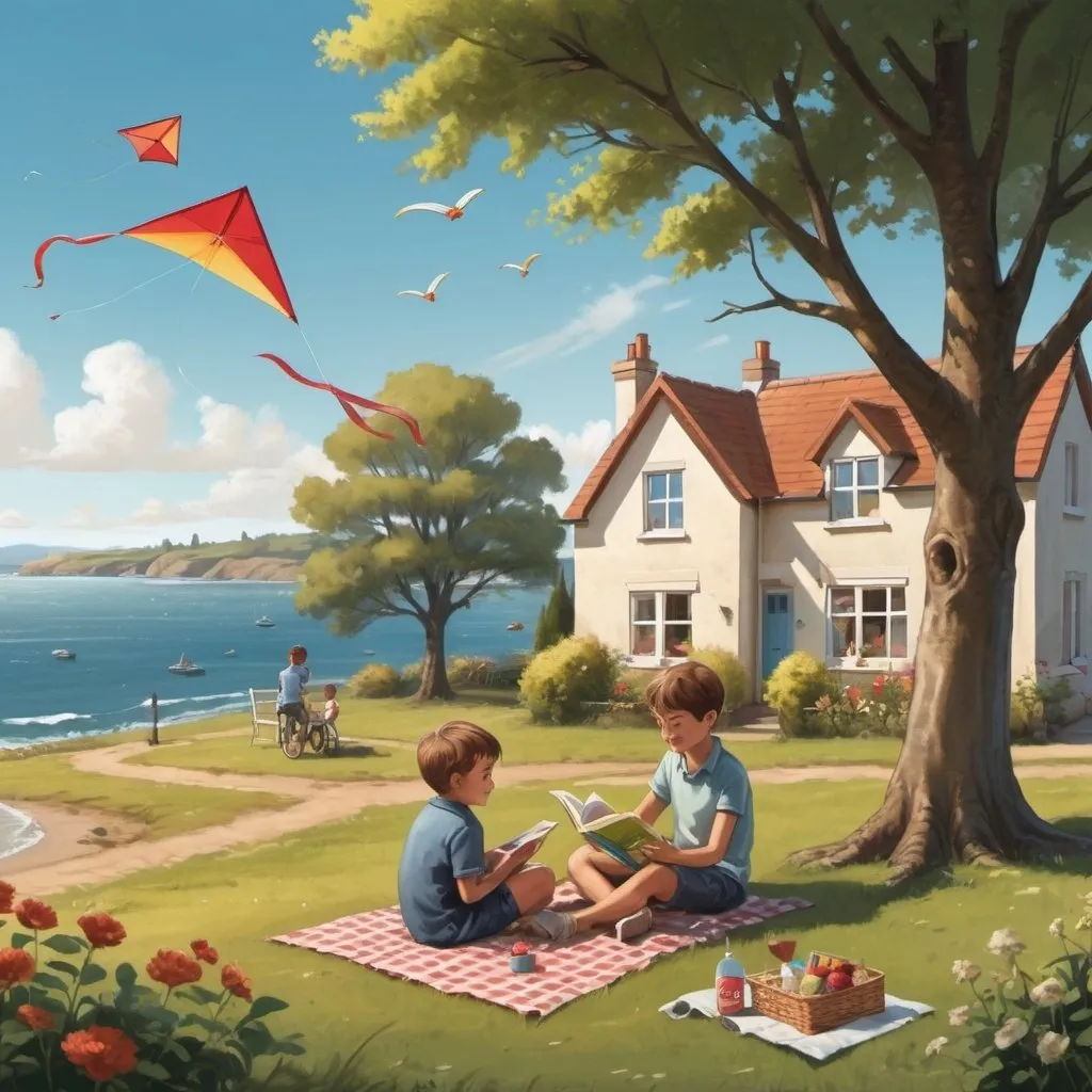 Prompt: there is a family having a picnic next to a sea. the boy is flying his kite, the mum is serving water and the dad is reading a book, there are trees behind and a house with 2 windows