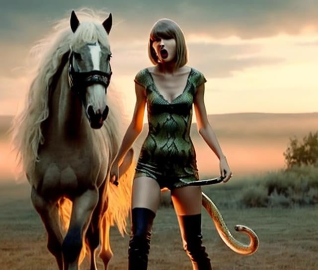 Prompt: Taylor swift as a snake scaring a horse 