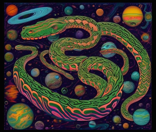 Prompt: Psychedelic cosmic serpent wrapped around planet earth 
