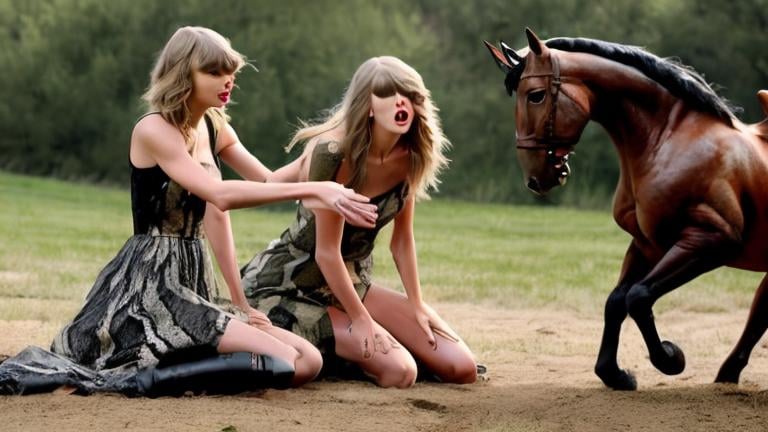 Prompt: Taylor swift as a snake scaring a horse 