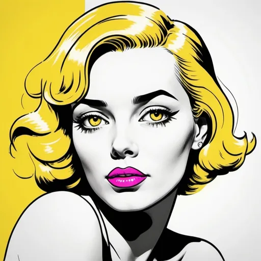 Prompt: Woman, sketched, quarter angle, comic style, pop art, black white, with pink lips, eyes glint, yellow hair, in the style of outlined surrealist 1950’s illustration with vibrant colors - art deco - minimalist 