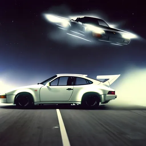 Prompt: 1988 Porsche 924 flying through space over the earth with headlights popped up