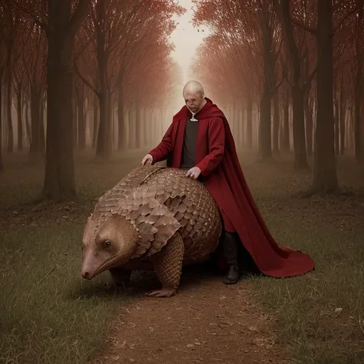 Prompt: a priest in red riding a giant pangolin (a mammal that is completely covered with giant brown scales) through a field