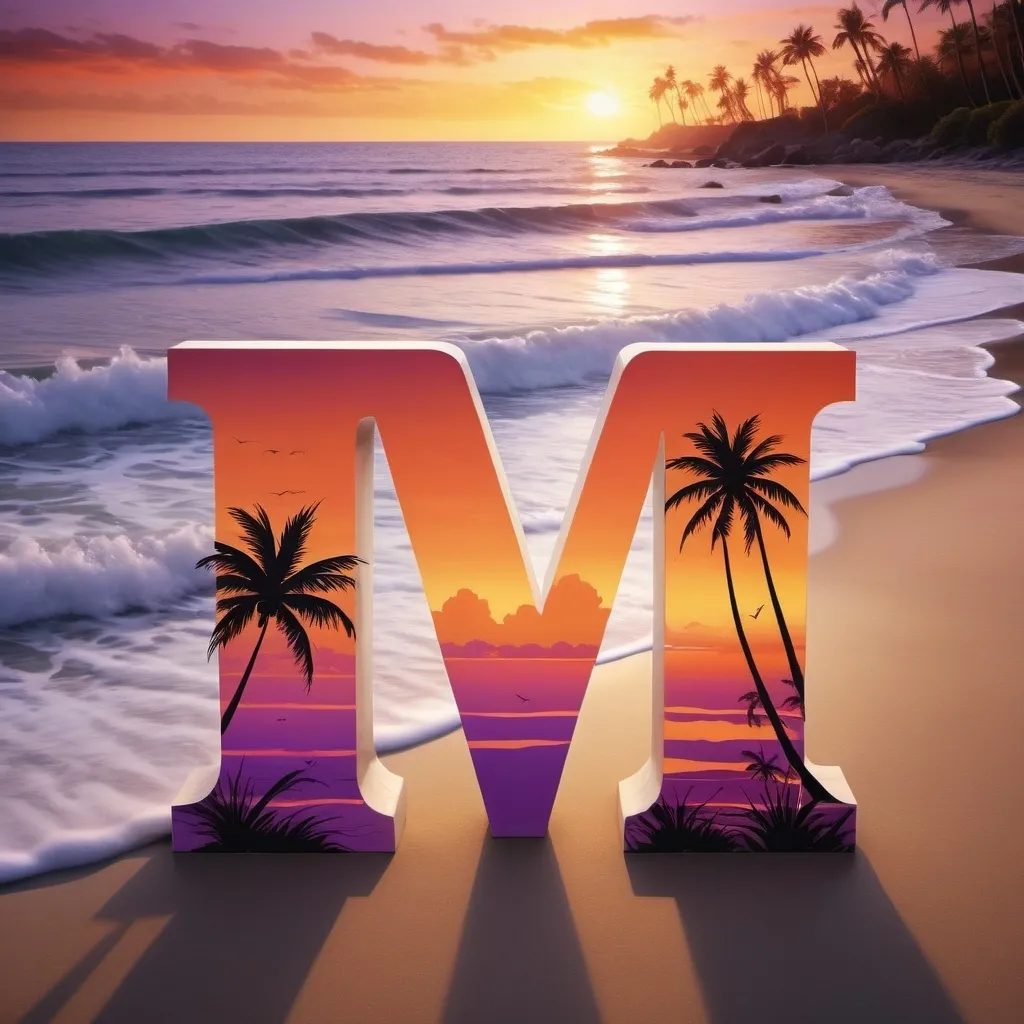 Prompt: The letter M on a beach with a beautiful sunset with black palm trees in the background