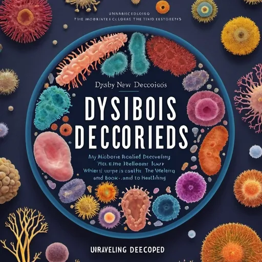Prompt: Front book cover for my new book called dysbiosis decoded - unraveling the microbial mystery. The book is regarding the microbiome and how important it is when it comes down to health and wellbeing.