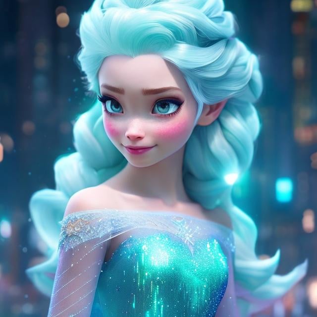 Prompt: Princess Elsa,Disney character from aladdin cute colors, scifi, best quality, masterpiece,  cute face, blue eyes white hair, wearing an off shoulder blue tank top with  bubble pants, green pendant around her neck and digital illustration,  extreme detail,  digital art cryengine, fantasy art, james jean, hyperrealism,digital painting, digital illustration, extreme detail, 8k, ultra hd, unreal engine, cgsociety, cryengine, long