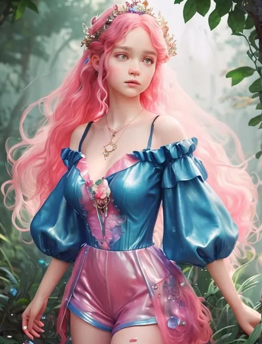 Prompt: A beautiful princess with pink shirt curly of hair, wearing a blue leather romper wuth petal sleeves, blue gems around her neck (( ruby gold pendants)) in her hair ((covered in crystals)) and digital illustration,  extreme detail,  digital art cryengine, fantasy art, james jean, hyperrealism,digital painting, digital illustration, extreme detail, 4k, ultra hd, unreal engine, cgsociety, cryengine, long