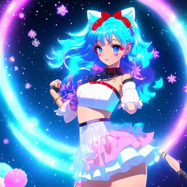 Prompt: ((Full body)) (( falling through the air )) a enchantly beautiful woman with pink eyes blue-greenish twin ponytails, wearing a red choker, blue large  crystal pendant, matching  wrist bands, white leather two piece skirt and blouse with  snow white tranparent straps