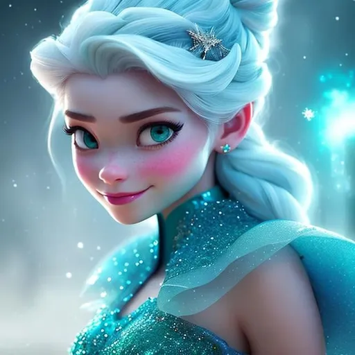 Prompt: Princess Elsa,Disney character from aladdin cute colors, scifi, best quality, masterpiece,  cute face, blue eyes white hair, wearing an off shoulder blue tank top with  bubble pants, green pendant around her neck and digital illustration,  extreme detail,  digital art cryengine, fantasy art, james jean, hyperrealism,digital painting, digital illustration, extreme detail, 8k, ultra hd, unreal engine, cgsociety, cryengine, long