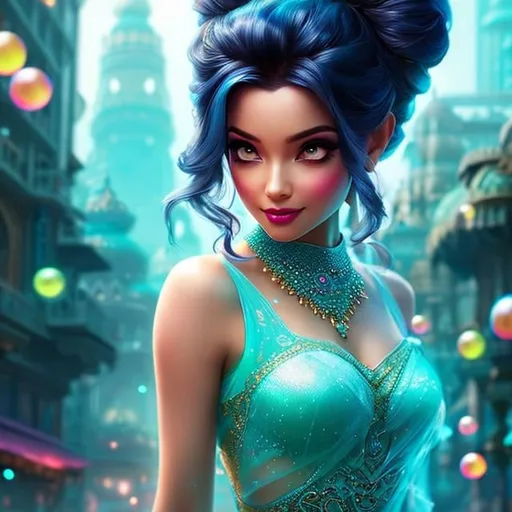 Prompt: Princess jasmine,Disney character from aladdin cute colors, scifi, best quality, masterpiece,  cute face, briwn eyes whiteand pink hair, wearing an off shoulder blue tank top with  bubble pants, green pendant around her neck and digital illustration,  extreme detail,  digital art cryengine, fantasy art, james jean, hyperrealism,digital painting, digital illustration, extreme detail, 8k, ultra hd, unreal engine, cgsociety, cryengine, long