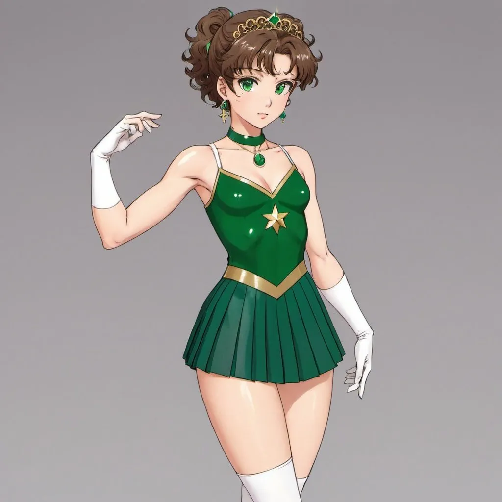 Prompt: ((Salior Jupiter character Makoto Kino created by Naoko Takeuchi)) ((full body)) green eyes, brown curly ponytail tied uo in gree bobble short curly hair,gold tia forehead, attached to the centre of the tiara is a small green emerald round saphhire gem pined with a tiara onin the centre of the leotard and  a pink circle, green and  white white collar, ((over the leotard green pleated skirt)) attached, green laced high-heel boots with one strap and rose earrings sapphire earrings, green chocker with gold star is attached to the centre