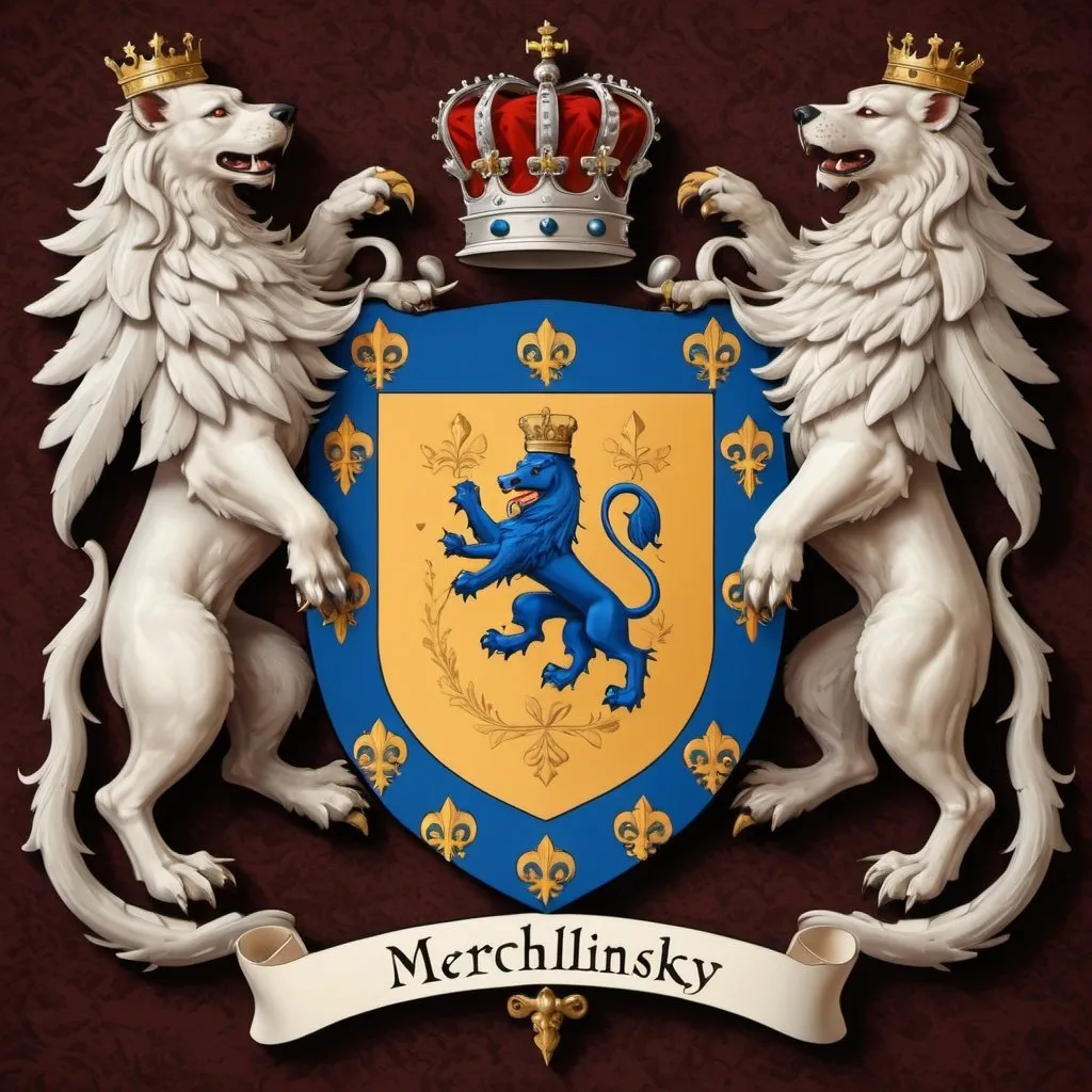 Prompt: A baronial coat of arms with noble symbols and crests with the name Merchlinsky