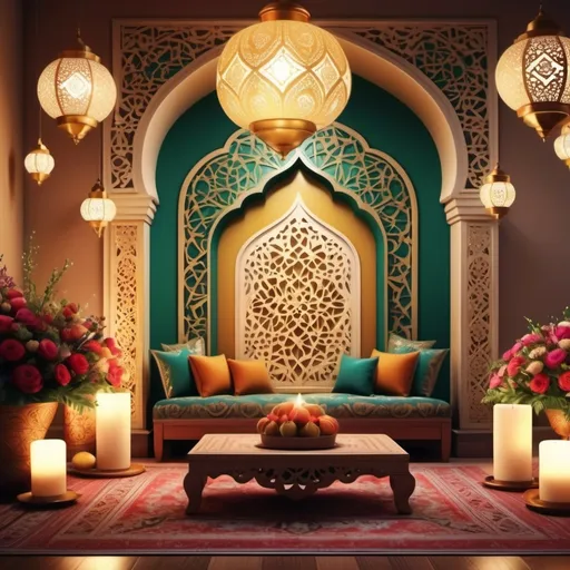 Prompt: interior design elements combined with Mawlid sweetness, (traditional decor), (vibrant colors), cozy and inviting atmosphere, intricate patterns, festive lighting, floral arrangements, soft textures, rich cultural details, harmonizing elegance and warmth, (highly detailed), (4K quality), atmosphere of celebration and joy, showcasing a unique blend of style and spirituality.