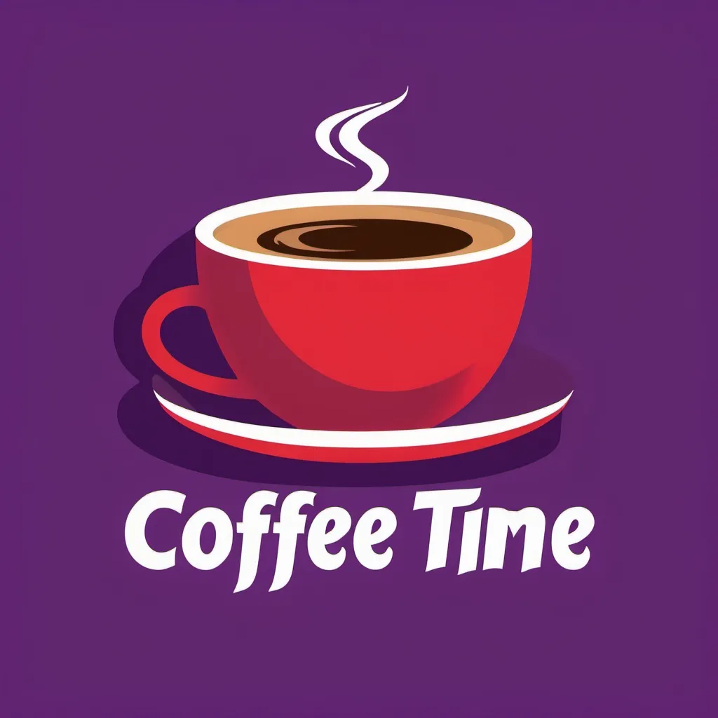 Prompt: logo saying coffee time with red coffee cup in background with purple text