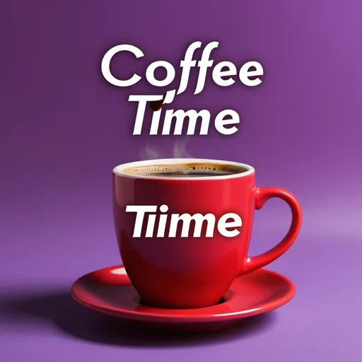 Prompt: text saying coffee time with red on top and purple at bottom and coffee cup in background