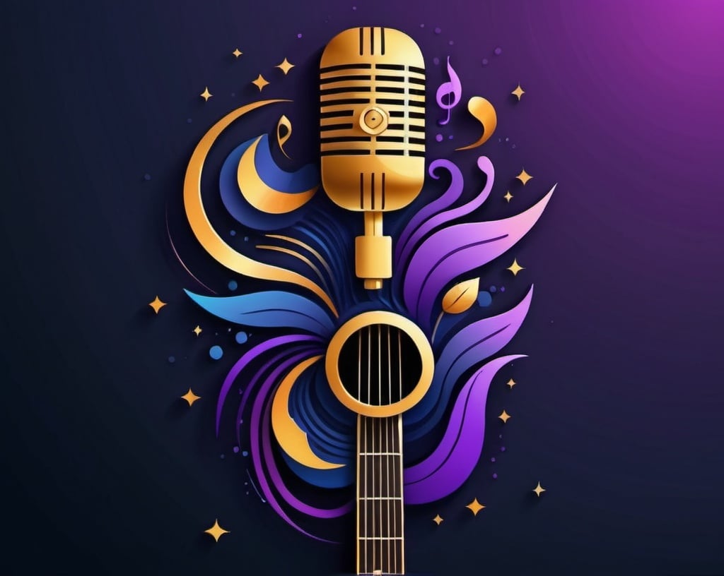 Prompt: Create a visually striking poster that represents the theme of Music, focusing on a microphone and guitar. The design should feature these central elements prominently, with additional musical notes and sound waves as supporting details. Incorporate abstract shapes and patterns to give it a modern and artistic feel. The background should be a gradient of deep blues and purples, symbolizing creativity and depth. Add subtle golden accents to highlight key elements and bring warmth to the design. Ensure the color palette is harmonious and visually appealing.