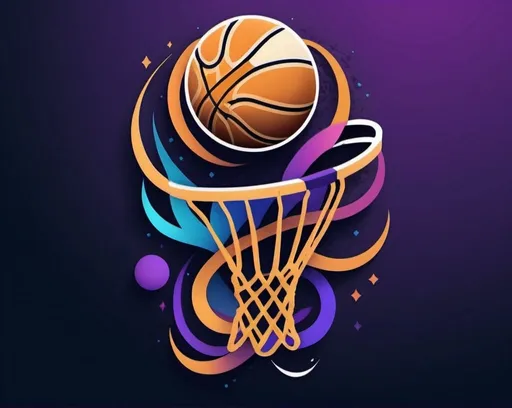 Prompt: Create an engaging poster centered around the theme of Basketball. The design should include basketballs, hoops, and sneakers, focusing on these elements without featuring players. Incorporate vibrant, energetic lines and patterns to capture the movement and excitement of the game. The background should feature a gradient of deep blues and purples, symbolizing energy and depth. Add subtle golden accents to highlight key elements and bring warmth to the design. Ensure the overall color palette is harmonious and visually appealing.