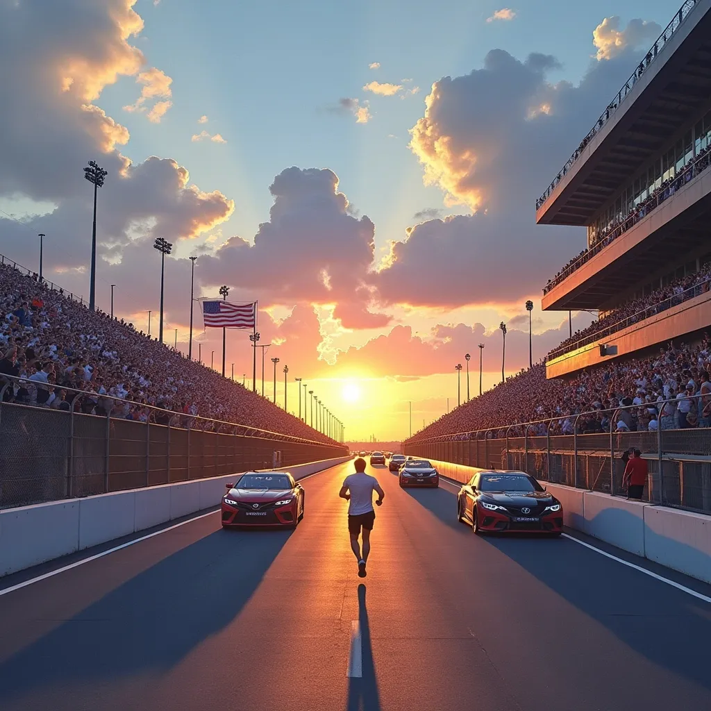 Prompt: Make an album cover depicting my weekend ahead: I will be running a 10k race on saturday and attending a nascar race on sunday
