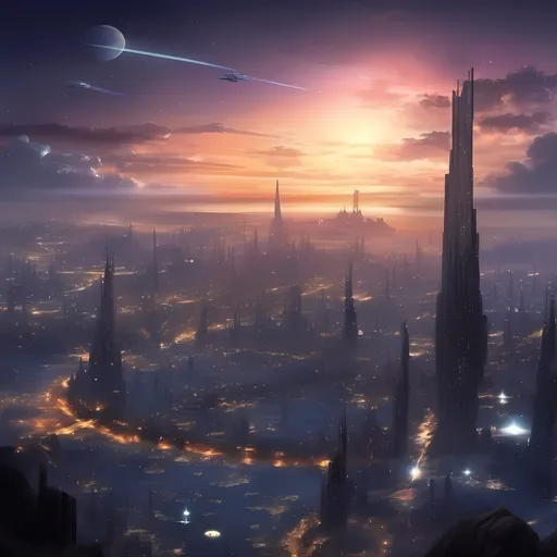 Prompt: create a star wars like city with beautiful skies like the heaven at night time 