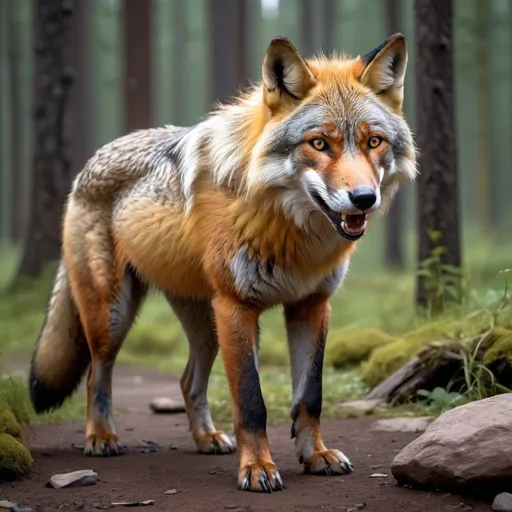 Prompt:  a dire wolf that has similar coloration to a red fox, well-blending color