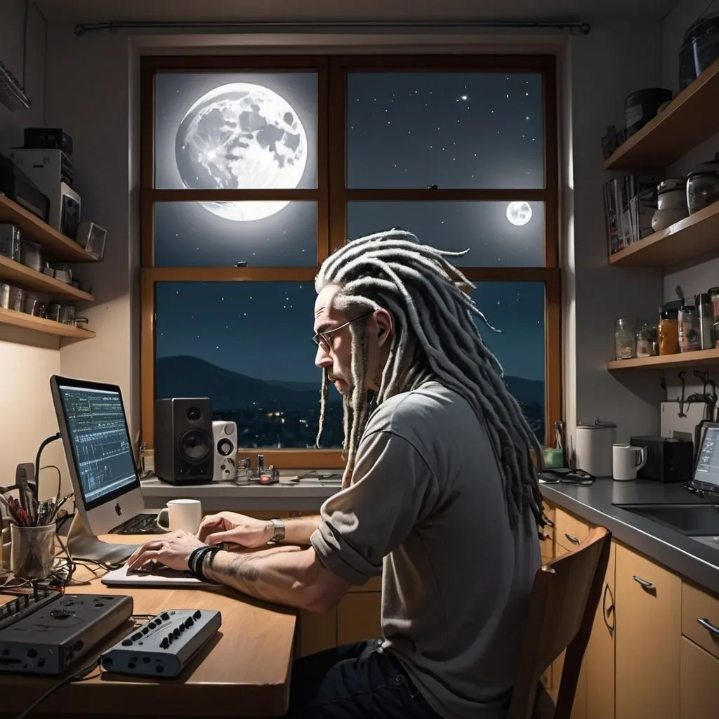 Prompt: a music lab in a kitchen, a white guy 45 years old with dark and grey dreadlocks seen from behind working on his MacBook at the table. it is night time and you can see a full moon trough the window. make it studio manga style