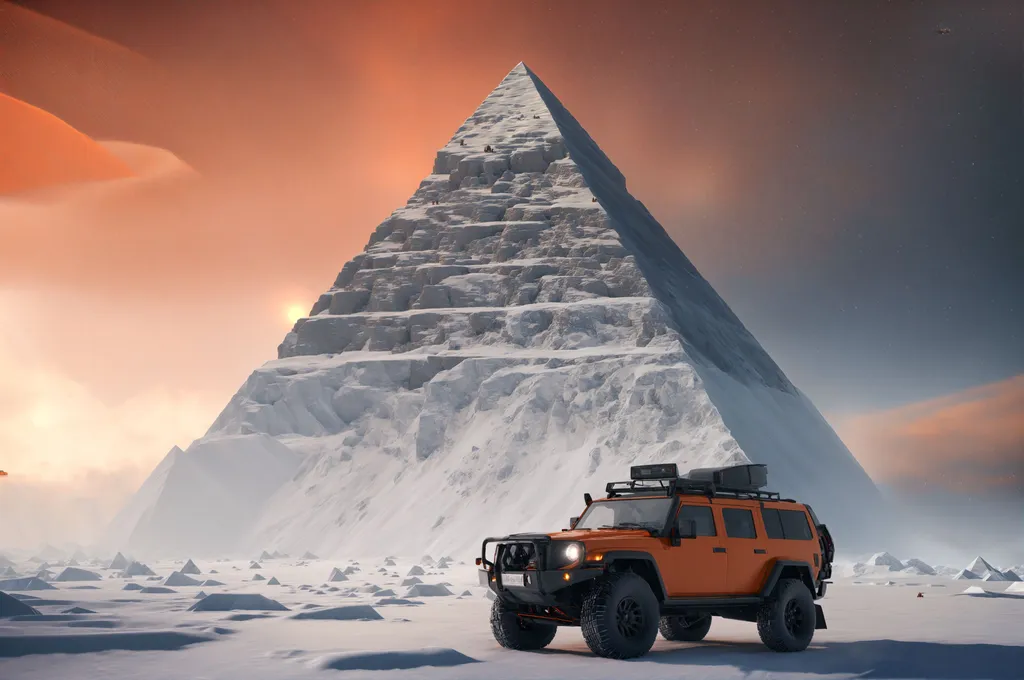 Prompt: from the front, masterpiece, a cinematic winter landscape photo a ((((very tiny of polar-explorers vehicle)))) riding on a (frozen) plains around in a snowstorm weather, ((facing a gigantic Pyramid)), volumetric lighting, (orange reflections)  High Details, Like-like texture, Global Illumination, Path Ray Tracing,physically based rendering