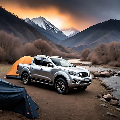 Prompt: Nissan Frontera Navara parked near river with mountains in the background. camp fire in foreground and tent in the background


