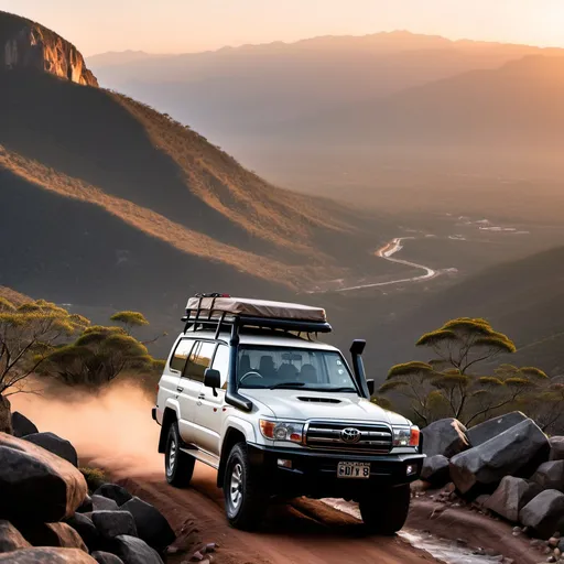 Prompt: toyota land cruiser 76 series wagon driving up rocky cliff track. mountains in the background. sunset. 

