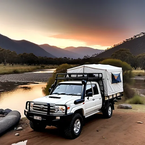 Prompt: white toyota land cruiser 79 series ute truck parked near river with mountains in the background at sunset. camp fire in foreground and tent in the background


