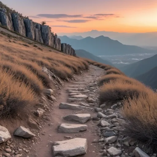 Prompt: rocky cliff track. mountains in the background. sunset. 

