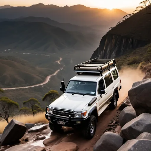 Prompt: toyota land cruiser 76 series wagon driving up rocky cliff track. mountains in the background. sunset. 

