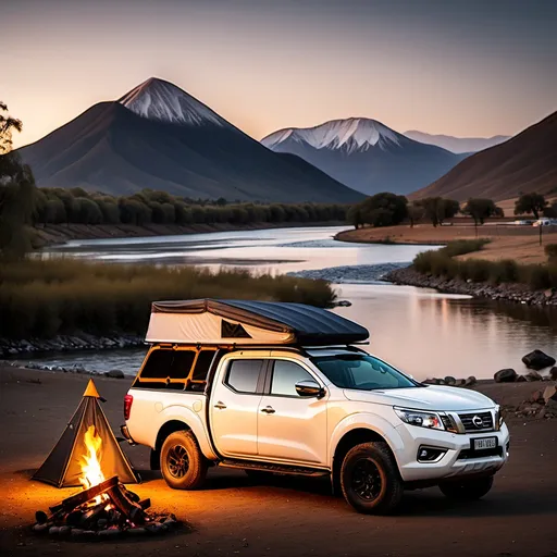 Prompt: white Nissan d22 Navara parked near river with mountains in the background at sunset. camp fire in foreground and tent in the background


