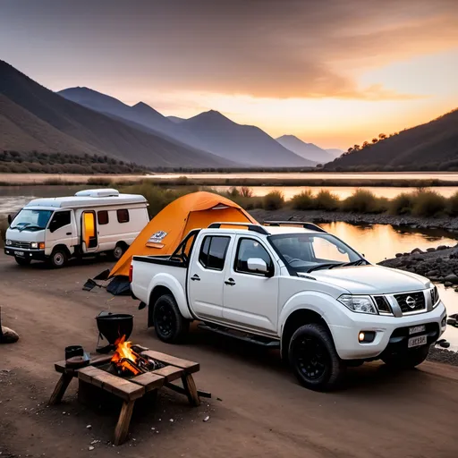 Prompt: white Nissan d22 Navara parked near river with mountains in the background at sunset. camp fire in foreground and tent in the background


