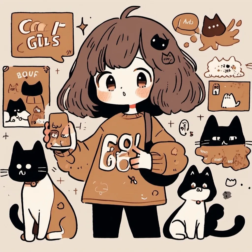 Prompt: Cute doodle, brunette girl, brown eyes, mid length hair, black cat ears, surprised, blush