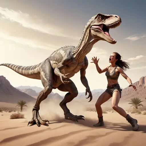 Prompt: Velociraptor fighting human female in desert with mountain background, digital illustration, intense action, high quality, realistic, detailed scales, fierce expression, dusty desert tones, dramatic lighting, dynamic pose, 4k, ultra-detailed, digital, realistic, intense action, desert, mountains, detailed scales, fierce expression, dramatic lighting
