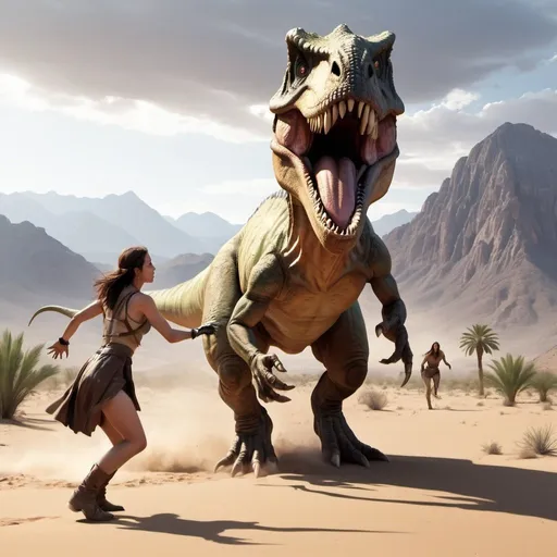Prompt: Dinosaur fighting human female
in desert with mountain background
