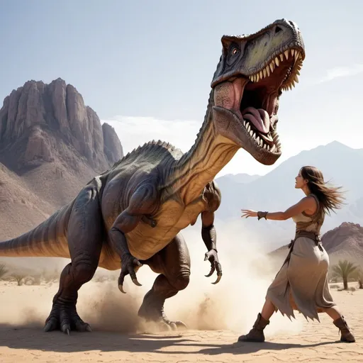 Prompt: Dinosaur fighting human female
in desert with mountain background
