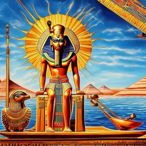Prompt: the Egyptian sun God Ra on a Solar Barque in photorealistic painting style