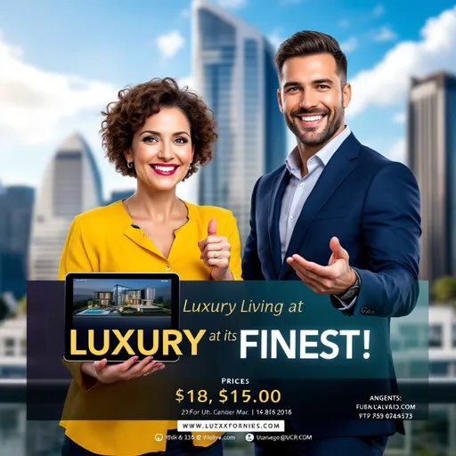 Prompt: Create a marketing poster for real-estate sale of condo with pictures of two real estate agents. 